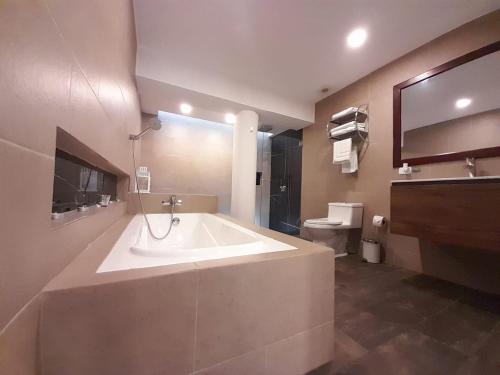 a bathroom with a large tub and a toilet at 593 Hotel Boutique Baños in Baños