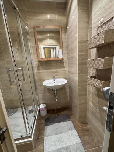 y baño con lavabo y ducha. en Golden’s Apart-Hotel en Viena