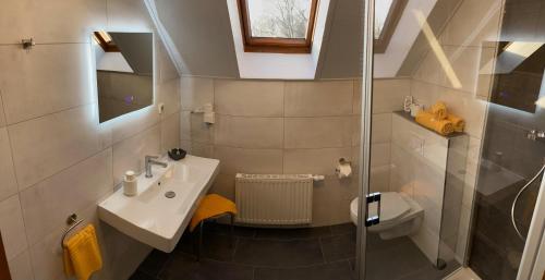 uma pequena casa de banho com um lavatório e um chuveiro em Gasthaus Stuckatz em Dollenchen