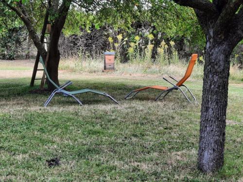 zwei Stühle im Gras neben einem Baum in der Unterkunft Logement entier à Gannat in Gannat