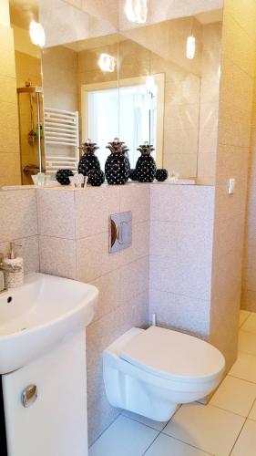 a bathroom with a sink and a toilet and a mirror at HomeComfort Apartament Gulia in Warsaw