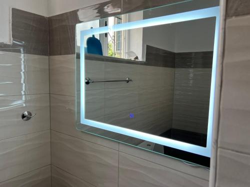 La salle de bains est pourvue d'une douche et d'un grand miroir. dans l'établissement Apartament Amel, à Pogradec