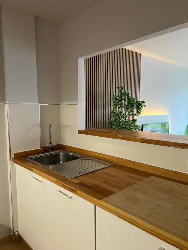 a kitchen with a sink and a window with a plant at Piso Av Galicia playa in Finisterre
