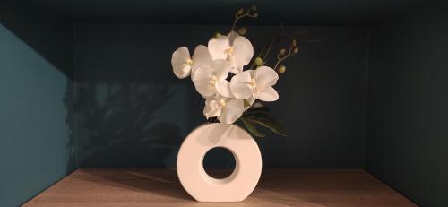 a white vase filled with white flowers on a table at Appartement de Charme - Centre Ville in Châteaubriant