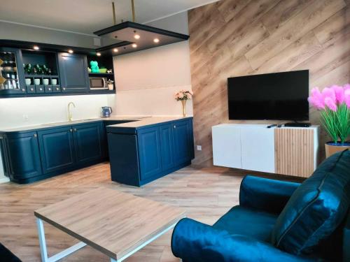 a kitchen with blue cabinets and a flat screen tv at Aster Aparts Sopot in Sopot