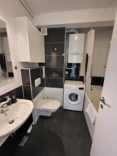 La salle de bains est pourvue d'un lavabo et d'un lave-linge. dans l'établissement Studio Apartman Ana, à Zagreb
