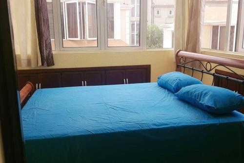a bed with blue pillows on it in a bedroom at Adorable 2bedroom homestay in Beau Bassin
