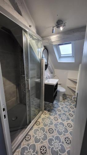 a bathroom with a shower and a sink in a room at Le Cœur du Bien-être - Gîte grande capacité - Superbe emplacement - Vue Seine - Décoration soignée - Coin touristique in Les Andelys