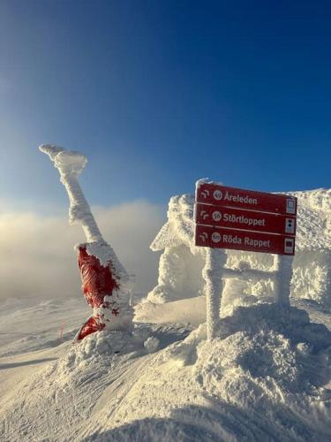 a sign on the top of a snow covered mountain at Bagargården 8 in Åre