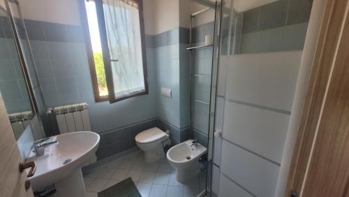 y baño con aseo, lavabo y ducha. en Isola, en Marina di Castagneto Carducci