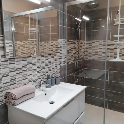 une salle de bain avec un lavabo et une douche dans l'établissement Le Clos des Treilles, à Nuaillé-dʼAunis