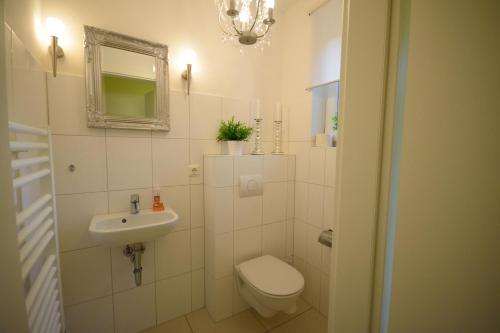 uma casa de banho branca com um WC e um lavatório em Villa Schnuppig am Schweriner See - b47854 em Bad Kleinen