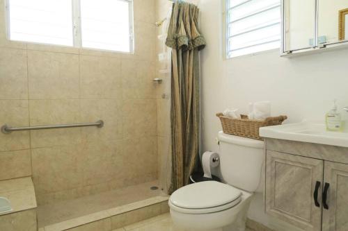 y baño con aseo, ducha y lavamanos. en Oceanview Apartment with Garden Access, en Vieques