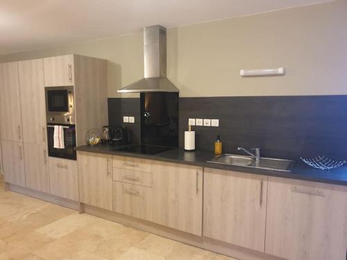 a kitchen with a sink and a stove top oven at La Stazione in Nogent-le-Rotrou