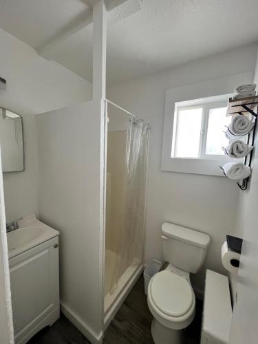 biała łazienka z toaletą i oknem w obiekcie Coastal Lodging w mieście Seward