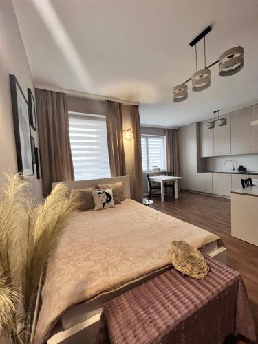 a bedroom with a large bed and a kitchen at Studio Kasprzaka 17 in Olsztyn