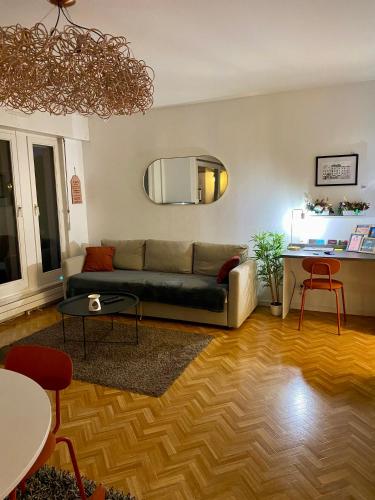 a living room with a couch and a mirror at Une vue les pieds dans l'eau in Metz