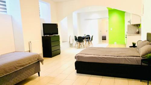 1 Schlafzimmer mit 2 Betten und einem Flachbild-TV in der Unterkunft Centrally located Apartment Vienna included Netflix in Wien