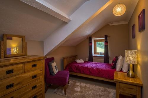 a bedroom with a bed and a dresser and a window at Blaenachddu in Capel-Ifan