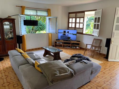 a living room with a couch and a tv at Villa Montjoly in Le Morne-Vert
