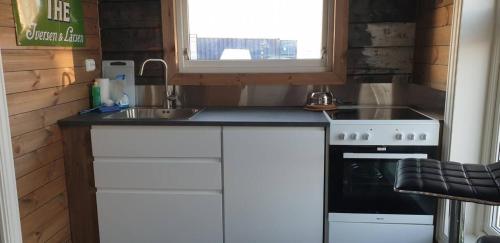 a kitchen with a sink and a stove at Cabin Borgvåg Small in Straum