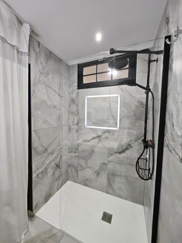 een badkamer met een douche en een marmeren muur bij le salon in Sablons