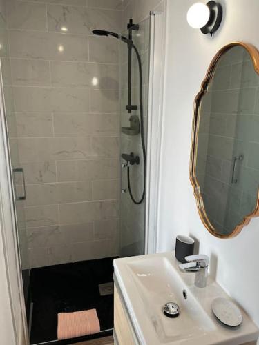 une salle de bain avec un lavabo et une douche avec un miroir dans l'établissement Le petit Tournebride, à Paimpol