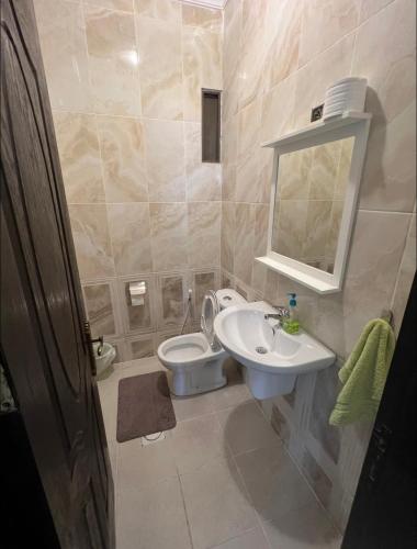 La salle de bains est pourvue de toilettes et d'un lavabo. dans l'établissement الراشد للشقق المفروشة, à Irbid