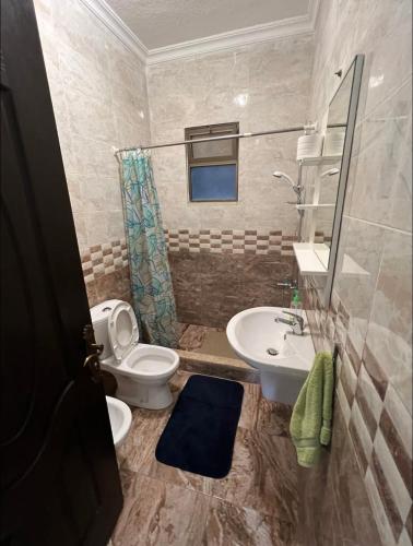 La salle de bains est pourvue de toilettes et d'un lavabo. dans l'établissement الراشد للشقق المفروشة, à Irbid