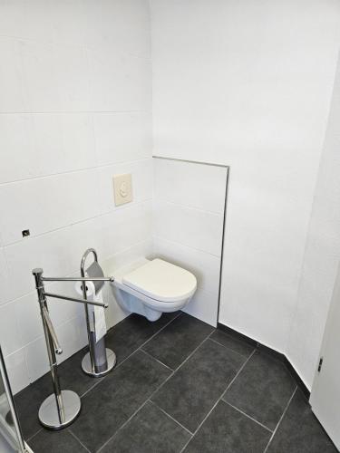 a bathroom with a toilet in a white room at An der Dorfeiche in Hamm