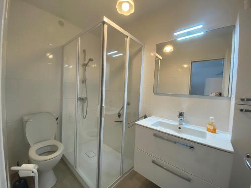 une salle de bain avec une douche, des toilettes et un lavabo dans l'établissement Appartement Climatisé avec Balcon, Parking Privé, Wifi - Proche Thermes et Étang - FR-1-503-23, à Balaruc-les-Bains