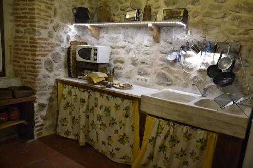 a kitchen with a sink and a counter with a microwave at Casa Valle del Lozoya in Rascafría