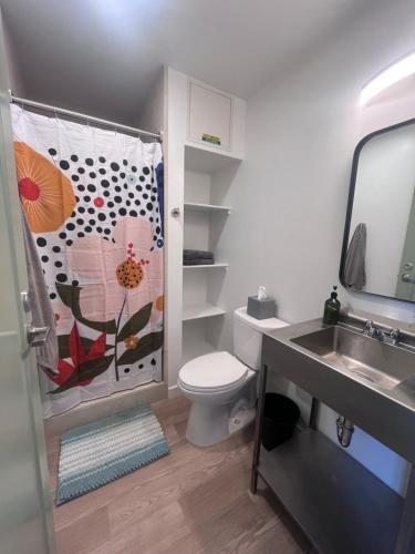 a bathroom with a toilet and a sink and a mirror at Monterey Hostel in Monterey