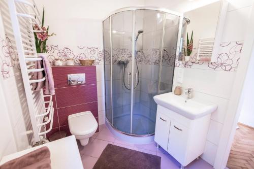 W łazience znajduje się prysznic, toaleta i umywalka. w obiekcie Nadmorski Apartament w Orłowie w mieście Gdynia