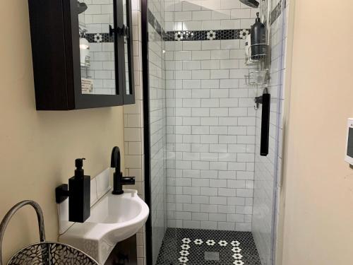 a bathroom with a sink and a shower at The Chic Guest Retreat in Old Town near CSU! in Fort Collins