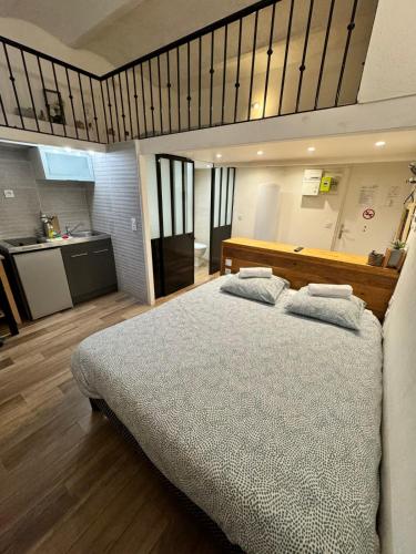 een slaapkamer met een groot bed en een keuken bij Studio St Vincent cosy 2 pers Quai de Saône in Lyon