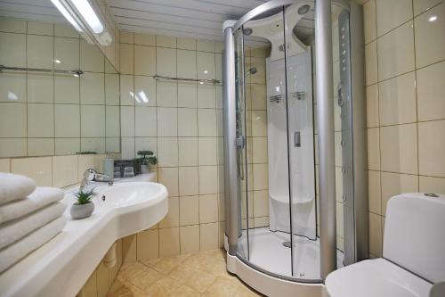 a bathroom with a shower and a sink at SPA Hotell Peetrimõisa Villa in Viljandi