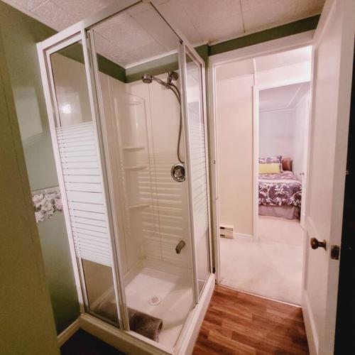 a bathroom with a walk in shower and a glass shower stall at Rosedale Cottage@Baksam lake in Fenelon Falls