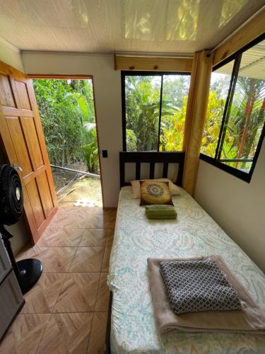 1 dormitorio con cama y ventana grande en Vimanas Surf Shack, en Talamanca