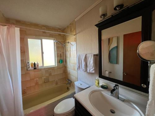 a bathroom with a sink and a toilet and a mirror at Cozy Artistic Room Available in Delta Surrey Best Price in Delta