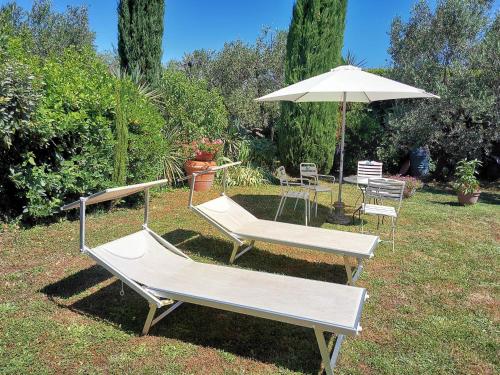 two chairs and an umbrella in a yard at La casa dei nonni in Larciano