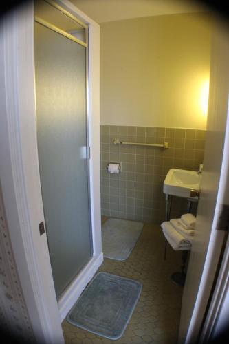 a bathroom with a shower and a toilet and a sink at Historical Hotel - House of Ludington in Escanaba