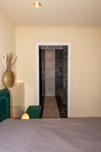 a room with a bed and a hallway with a bathroom at Appartement Carlijn in Diever