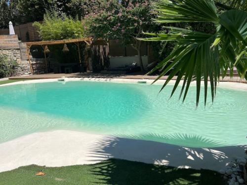 une grande piscine d'eau bleue et un palmier dans l'établissement Avignon La maison des roses 4, à Villeneuve-lès-Avignon