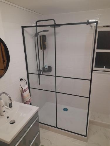 a bathroom with a shower and a white sink at Glastonbury town center-entire apartment in Glastonbury