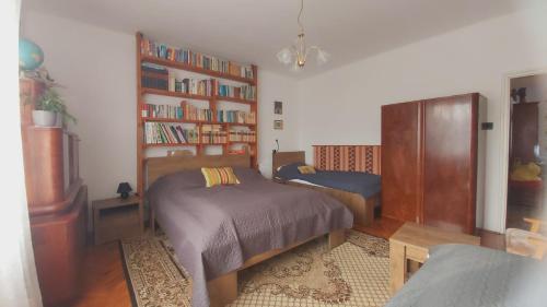 1 dormitorio con 2 camas y estante para libros en Nagyiék háza / Granny's House, en Esztergom
