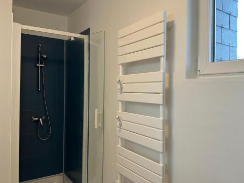 une salle de bain avec douche et porte vitrée dans l'établissement Charmante Maison de 3 Ch avec Jardin et Parking, à Saint Pierre Les Elbeuf