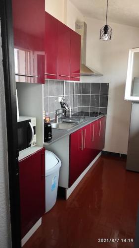 une petite cuisine avec des armoires rouges et un évier dans l'établissement Charmant appartement T2 de 36m² au cœur du village, à Saintes-Maries-de-la-Mer