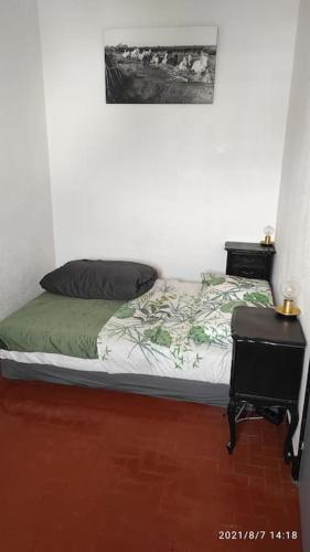 une chambre avec un lit et un tableau au mur dans l'établissement Charmant appartement T2 de 36m² au cœur du village, à Saintes-Maries-de-la-Mer