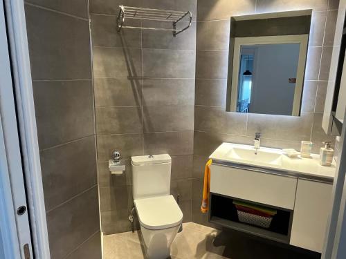 a bathroom with a toilet and a sink and a mirror at Apartamento moderno y acogedor ideal familias in Orio